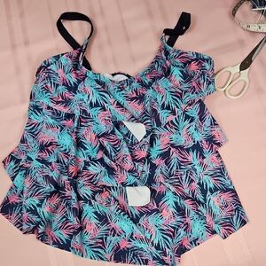 BEACH PARTY 3 Layer Long Length Tiered Tropical Leaf Print Tankini Top-Sz 20
